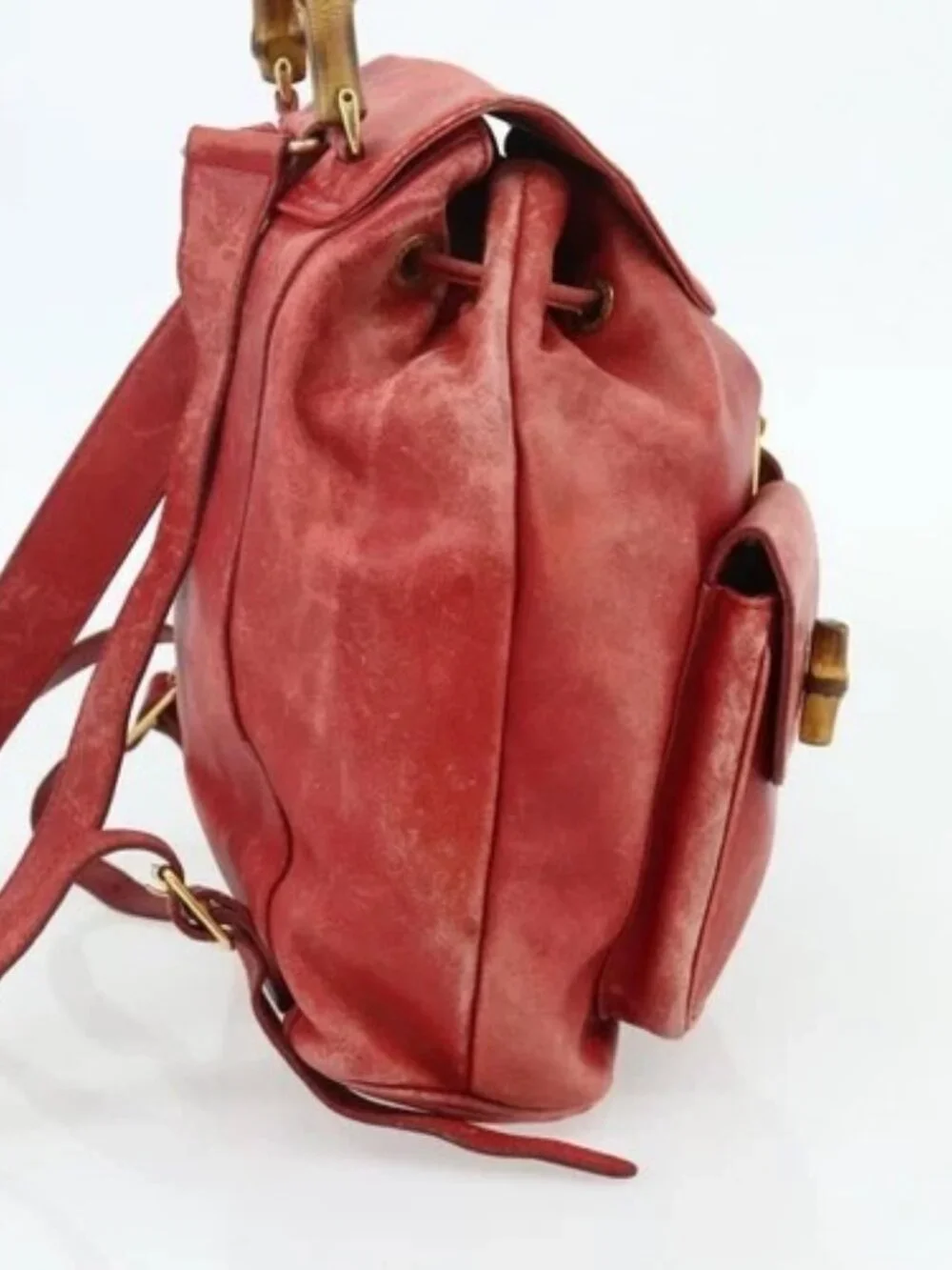 GUCCI Bamboo Backpack Leather Red Gold 000 2023 0016 Auth 179624